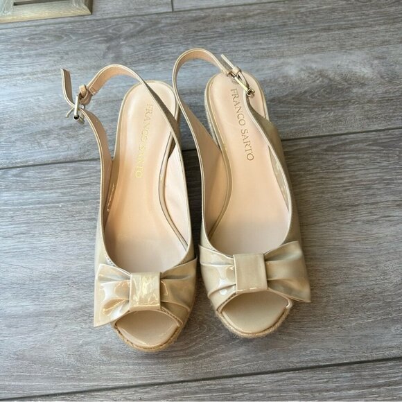 Franco Sarto Beige Vegan Patent Leather Slingback Peep Toe Wedge Esapdrille - Picture 3 of 14